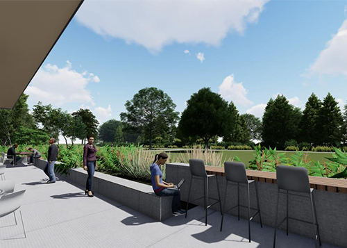 A rendering shows the southern outdoor terrace. An awning covers a portion of the terrace which overlooks the Great Lawn.
