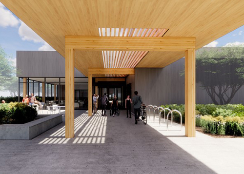 A rendering of the outside entrance that is dedicated for seniors. There is seating and bicycle parking available at this entrance.