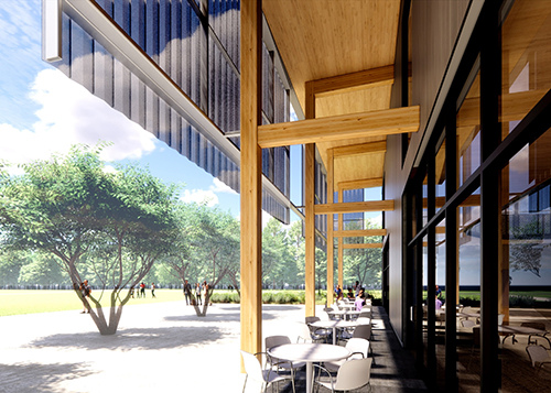 A rendering shows the southern outdoor terrace. An awning covers a portion of the terrace which overlooks the Great Lawn.
